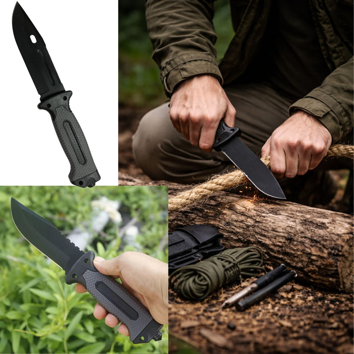 Cuchillo de camping con funda táctica, brújula, pedernal y sierra en el lomo - foto 3