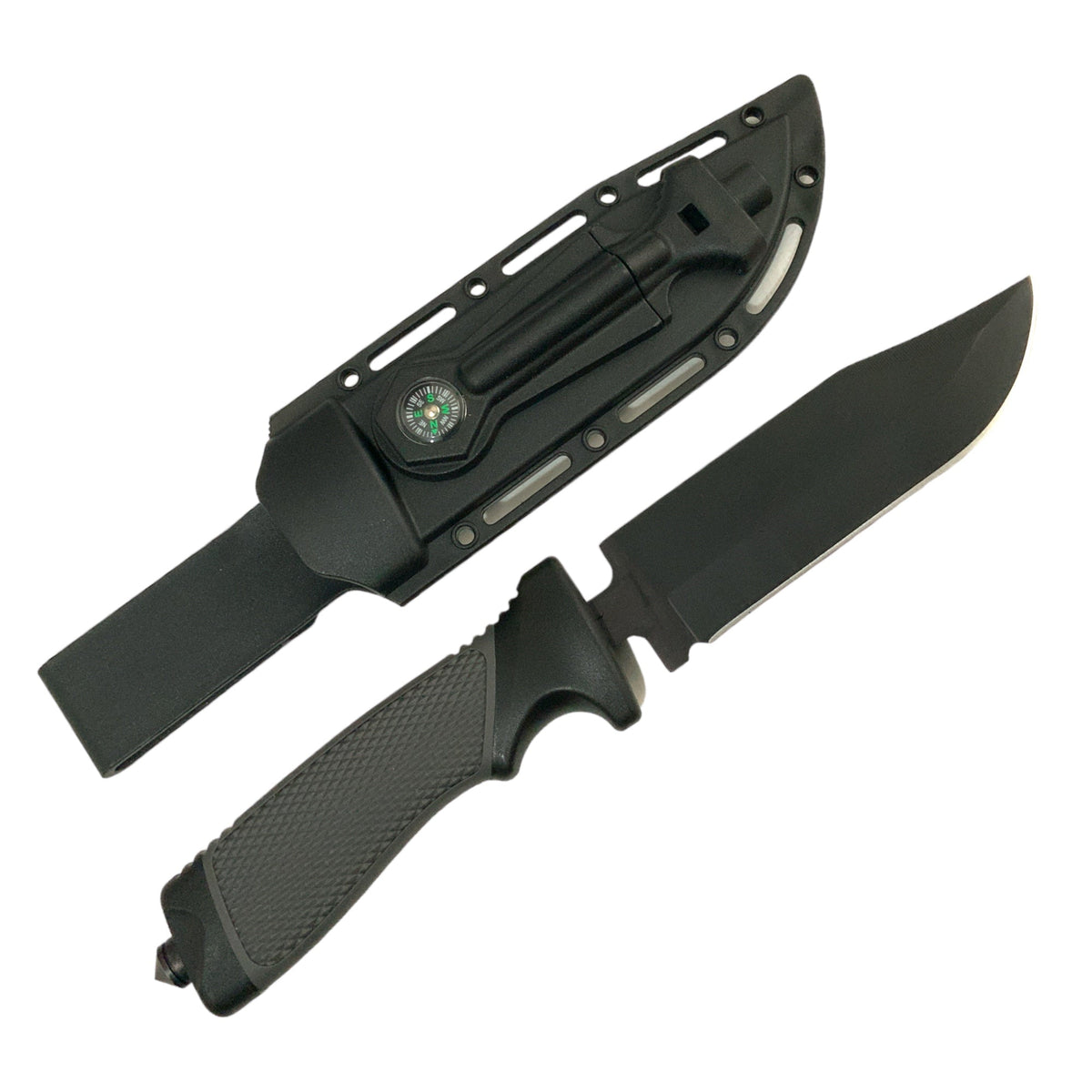 Cuchillo con funda plástica, brújula, pedernal y afilador JF5138A