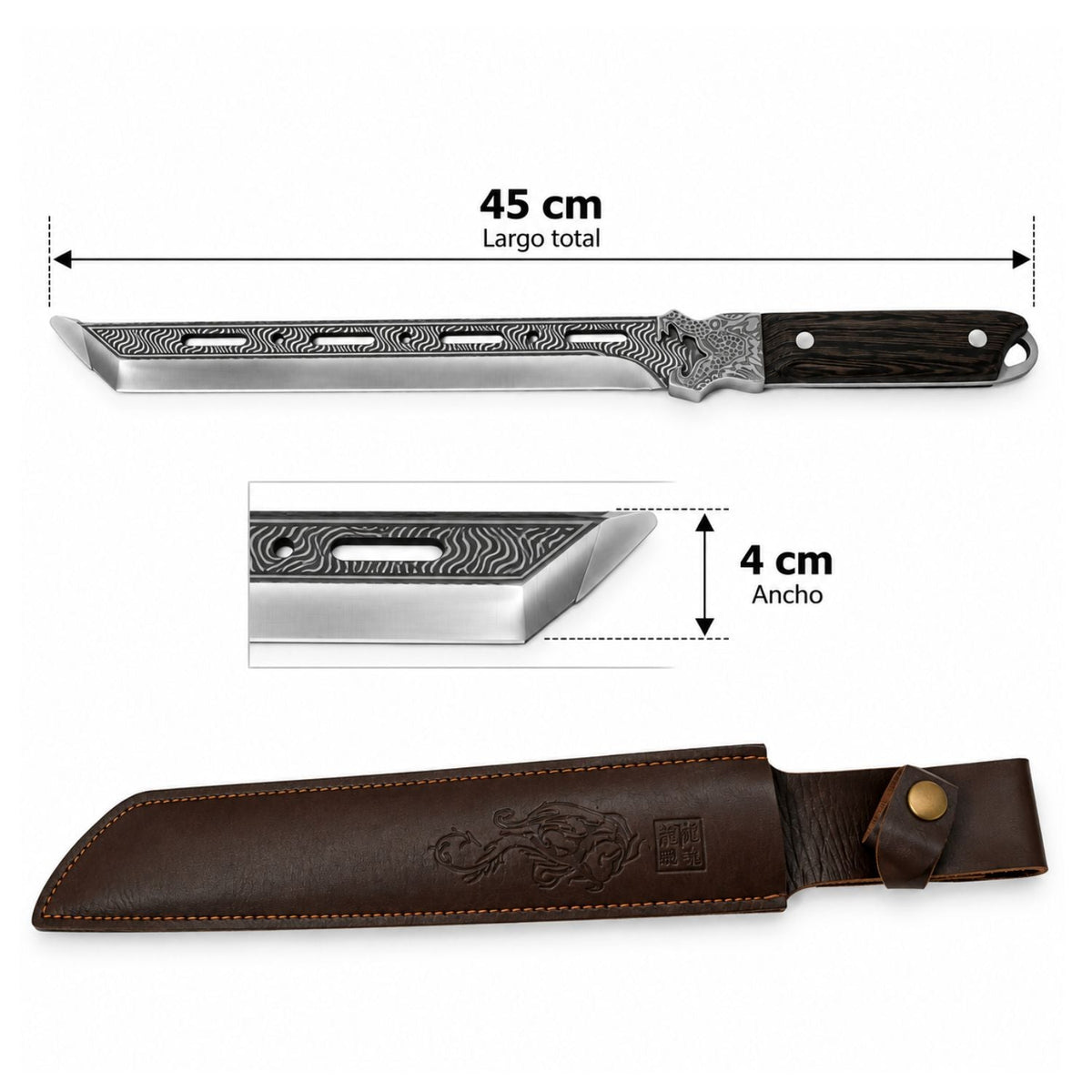 Cuchillo largo estilo tanto de 45 cm con funda café, para campismo y colección - foto 4