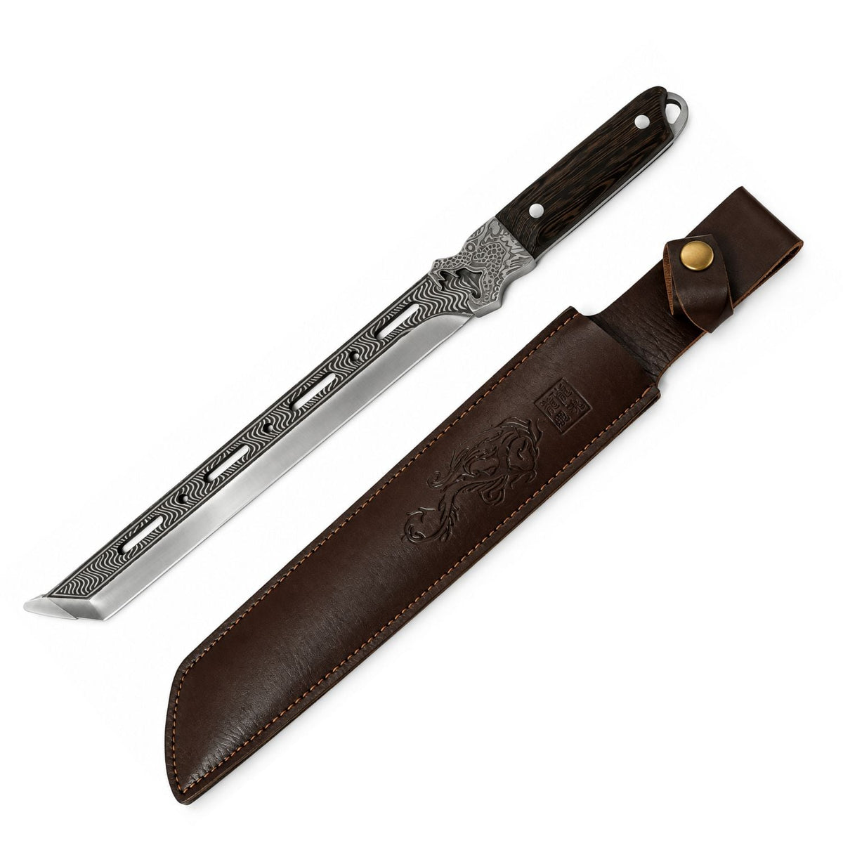 Cuchillo largo estilo tanto de 45 cm con funda café, para campismo y colección - foto 2