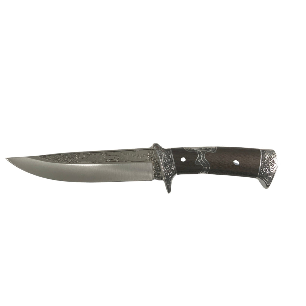 Cuchillo con mango y cubierta tipo madera, funda y relieves de 18 cm JF815