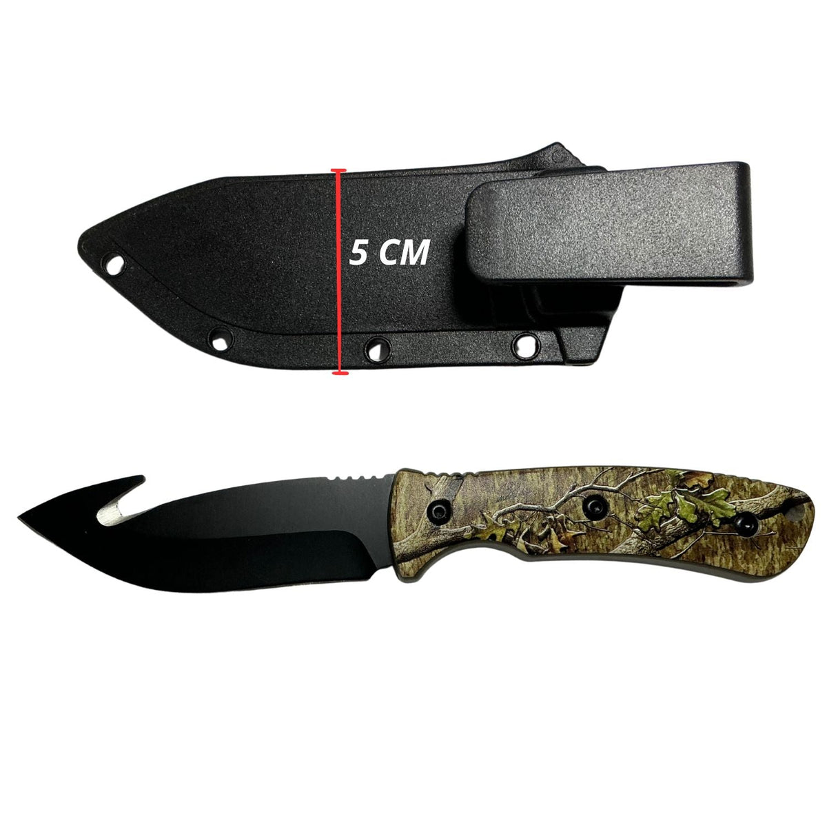 Cuchillo outdoor de 21 cm con hoja negra, sierra posterior y funda con clip - foto 2