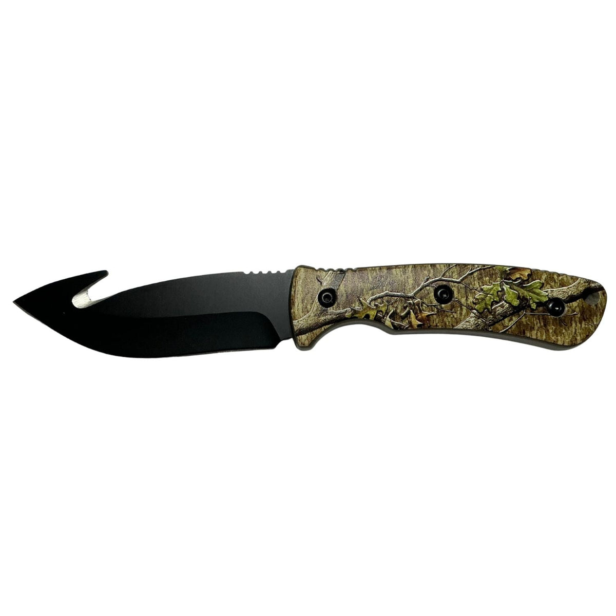 Cuchillo outdoor de 21 cm con hoja negra, sierra posterior y funda con clip