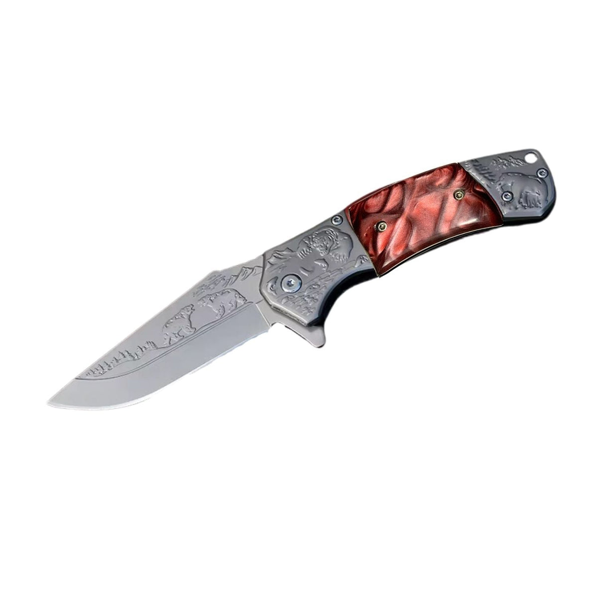 Navaja plegable clip point con grabados de fauna e incrustaciones de mármol