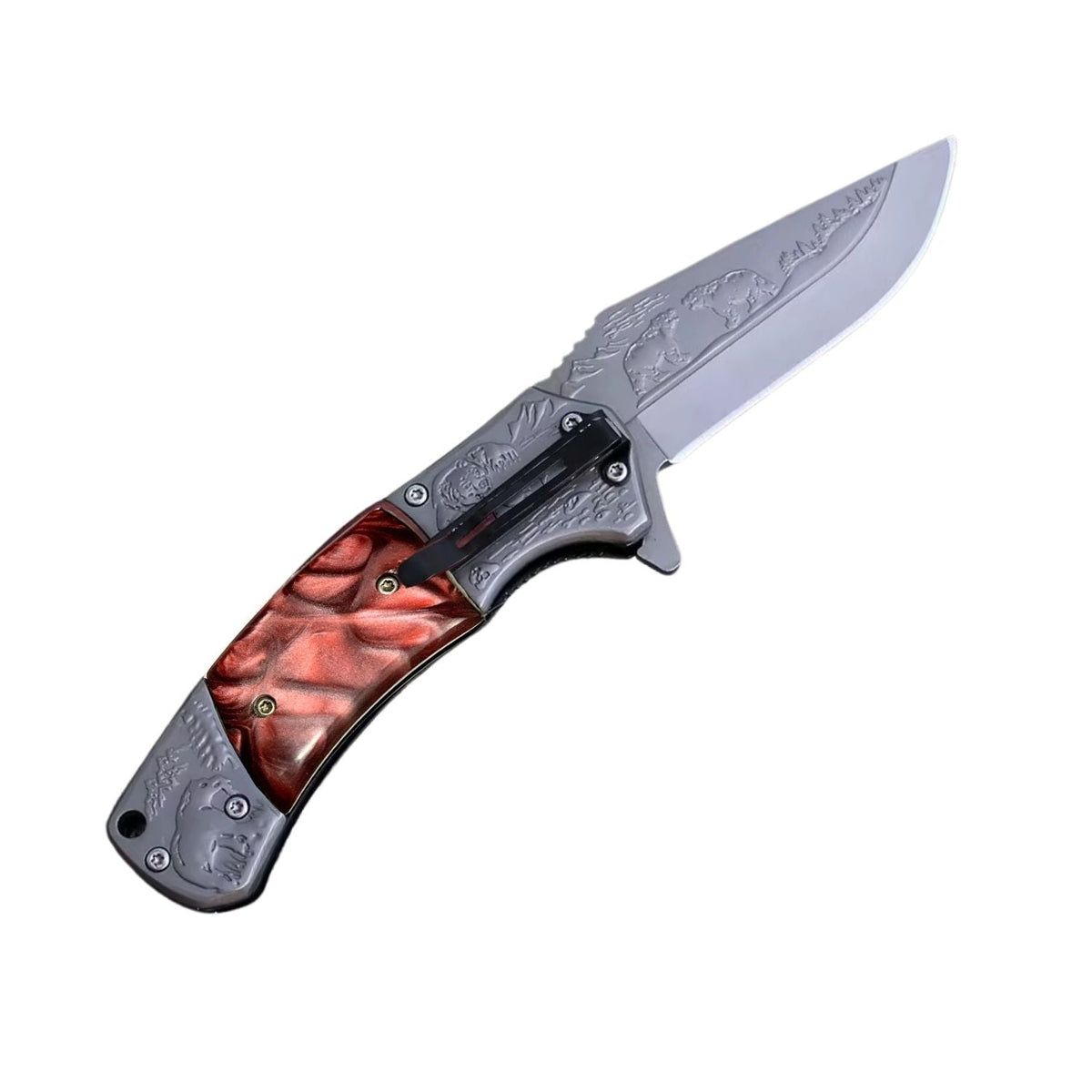 Navaja plegable clip point con grabados de fauna e incrustaciones de mármol - foto 3