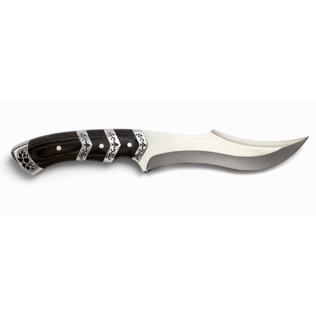 Cuchillo táctico de hoja curva de 18 cm con mango tipo madera y funda