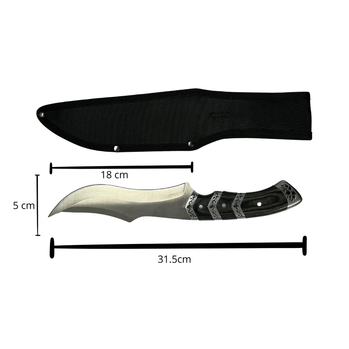 Cuchillo táctico de hoja curva de 18 cm con mango tipo madera y funda - foto 2