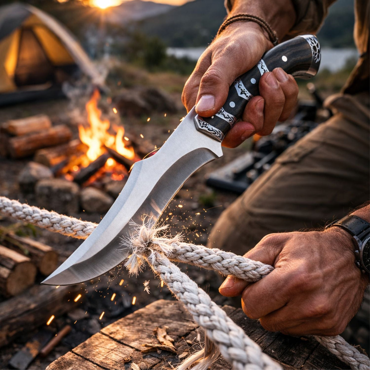 Cuchillo táctico de hoja curva de 18 cm con mango tipo madera y funda - foto 3