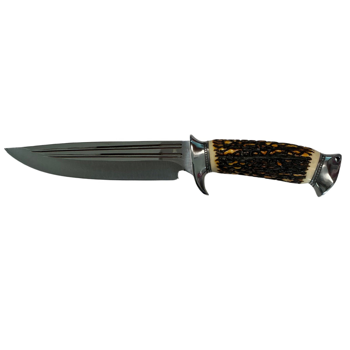 Cuchillo de caza Bowie de 30 cm con triple canal y funda artesanal