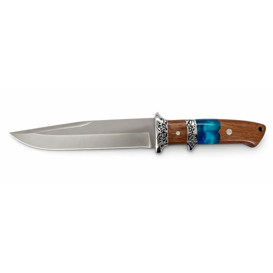 Cuchillo de caza de 32 cm con mango de madera y resina azul, con funda de nylon