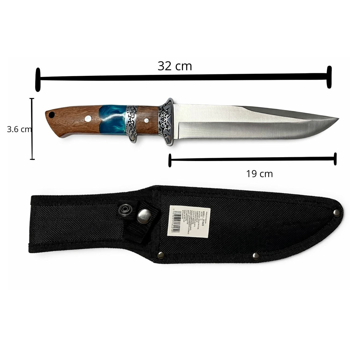Cuchillo de caza de 32 cm con mango de madera y resina azul, con funda de nylon - foto 2