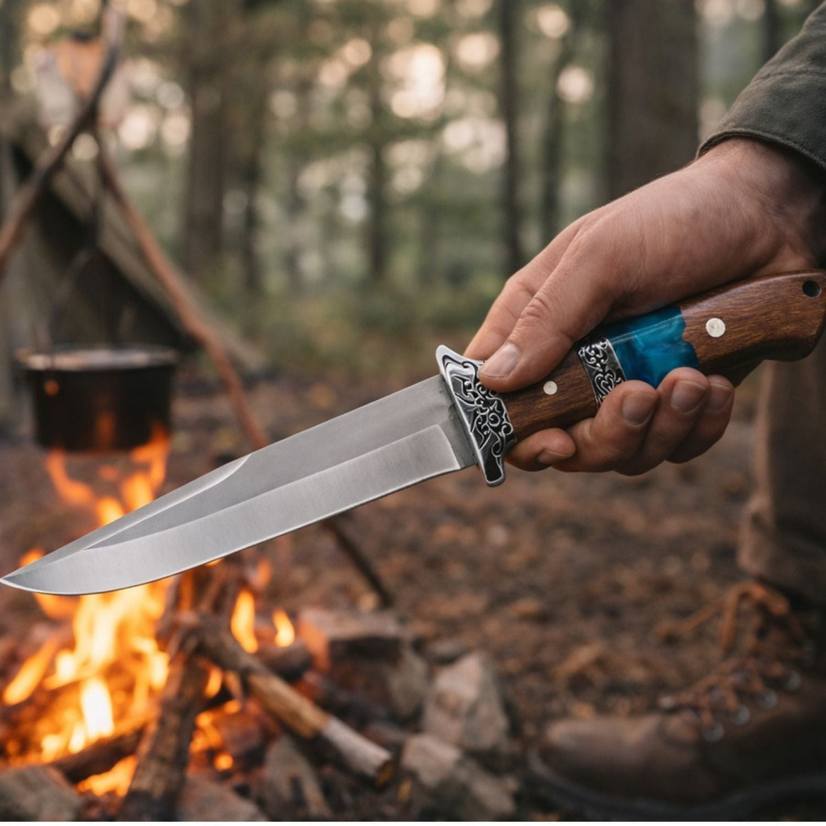 Cuchillo de caza de 32 cm con mango de madera y resina azul, con funda de nylon - foto 3