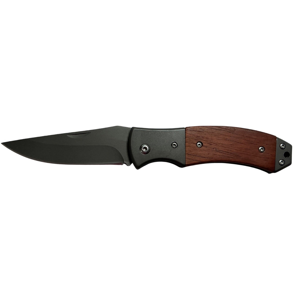 Navaja plegable compacta de 18.5 cm con mango de madera y hoja negra