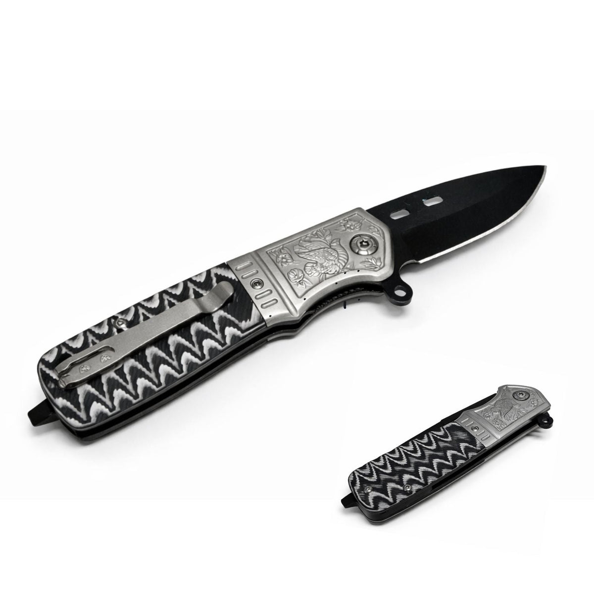 Navaja plegable con hoja negra, mango grabado y clip, 22 cm abierta - foto 3