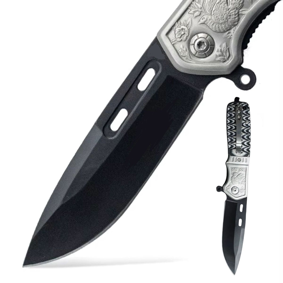 Navaja plegable con hoja negra, mango grabado y clip, 22 cm abierta - foto 2