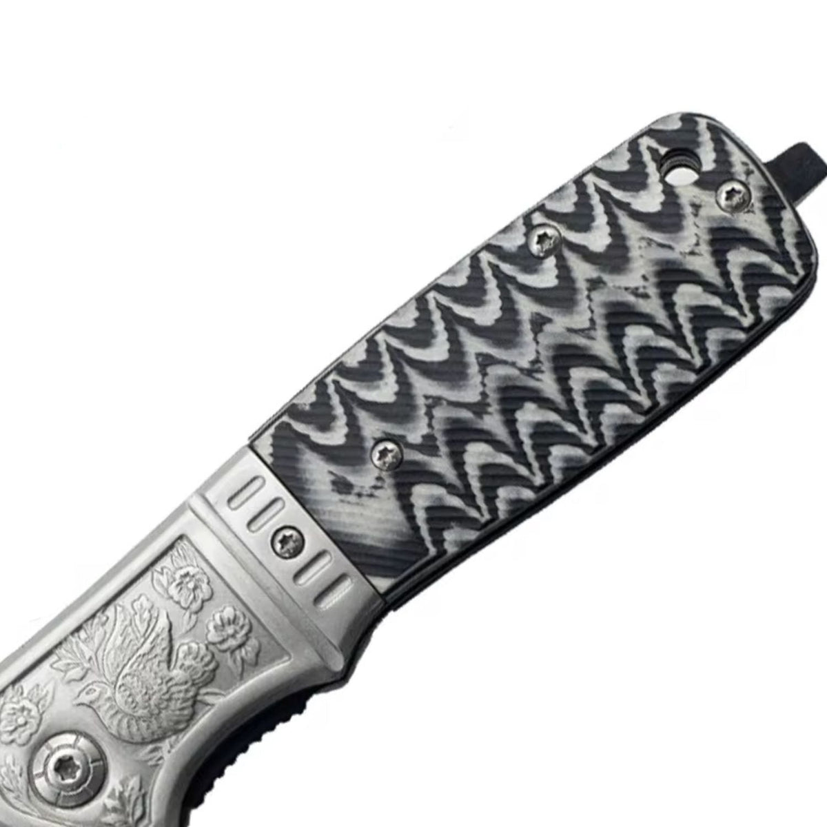 Navaja plegable con hoja negra, mango grabado y clip, 22 cm abierta