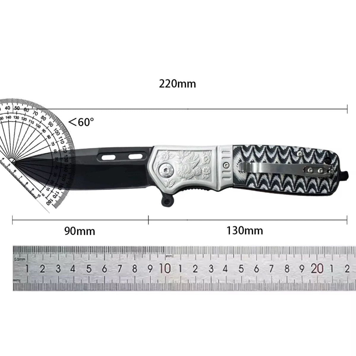 Navaja plegable con hoja negra, mango grabado y clip, 22 cm abierta - foto 4