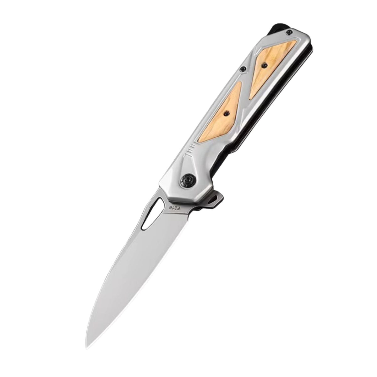 Navaja plegable EDC drop point con mango metálico e insertos de madera - foto 2