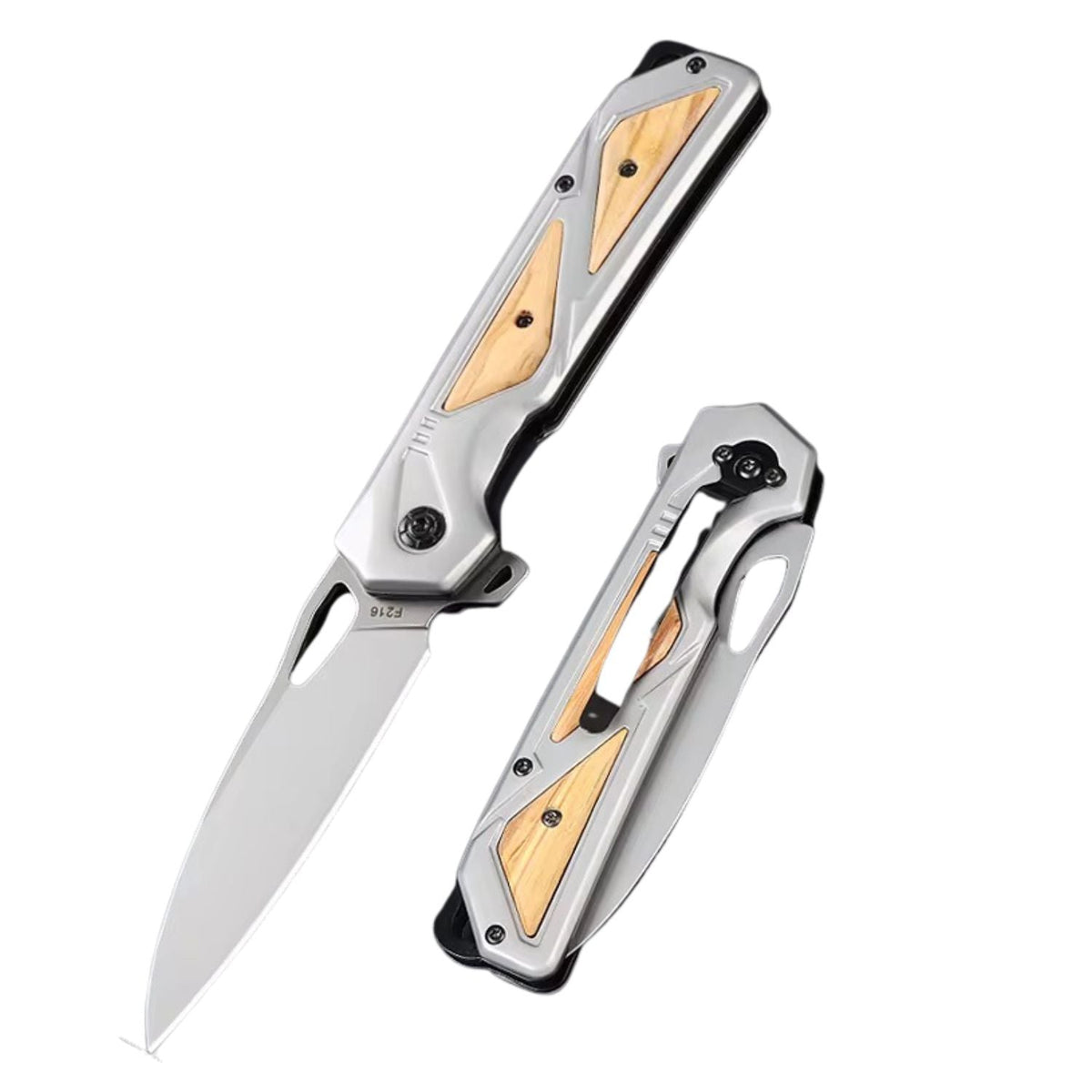 Navaja plegable EDC drop point con mango metálico e insertos de madera - foto 3