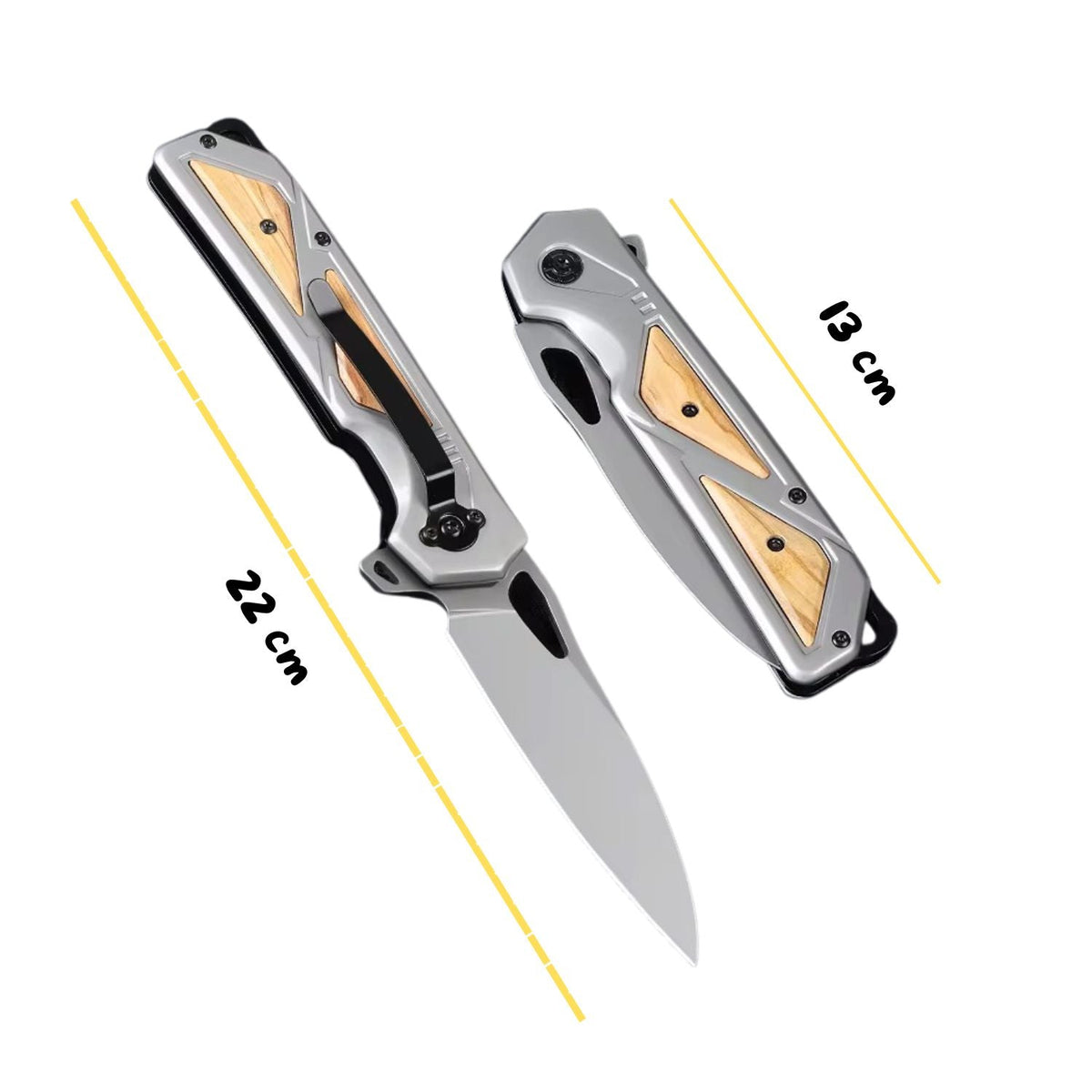 Navaja plegable EDC drop point con mango metálico e insertos de madera - foto 4