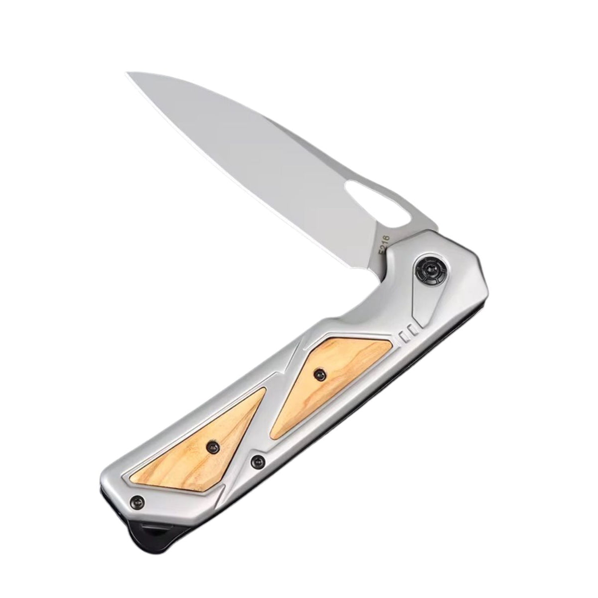 Navaja plegable EDC drop point con mango metálico e insertos de madera - foto 5