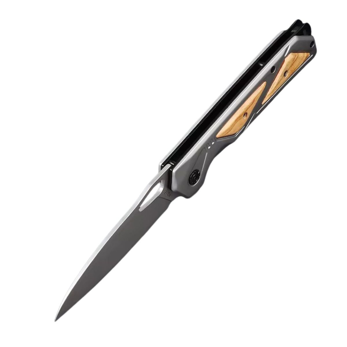 Navaja plegable EDC drop point con mango metálico e insertos de madera - foto 6