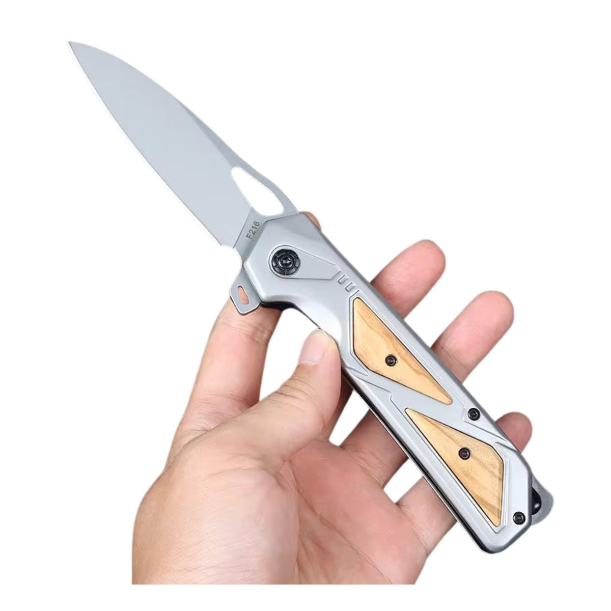Navaja plegable EDC drop point con mango metálico e insertos de madera
