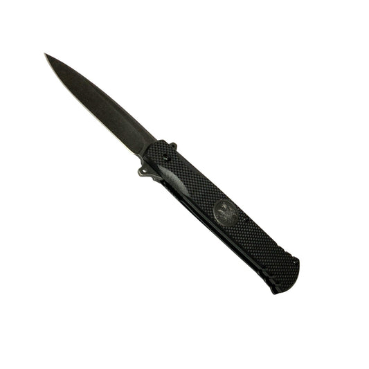 Navaja EDC totalmente negra, hoja de 9 cm, mango texturizado y clip