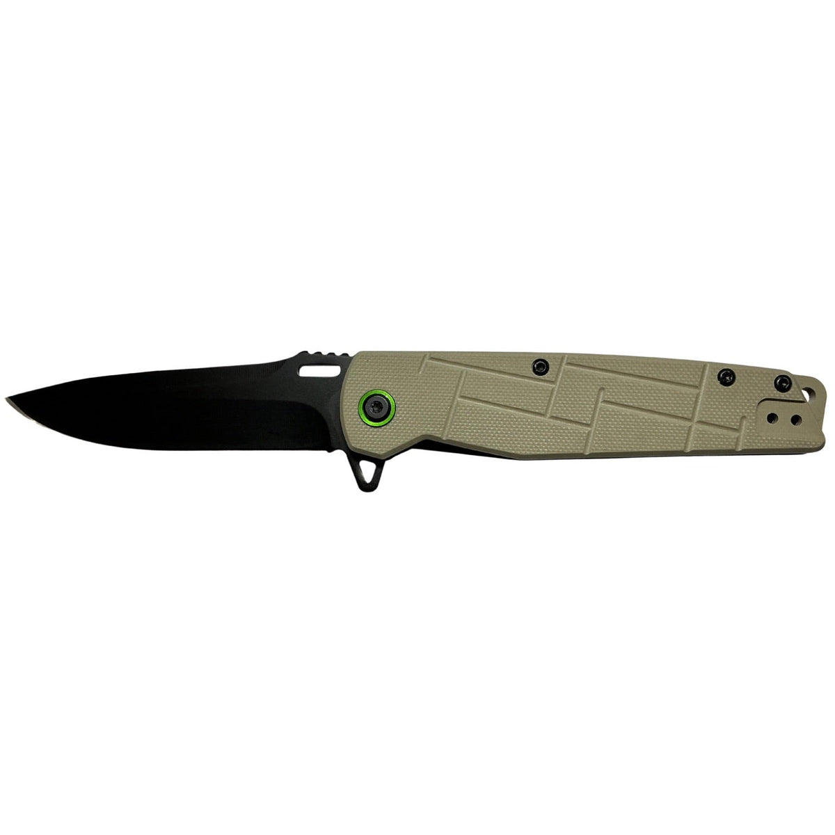 Navaja táctica plegable con clip, hoja negra y mango khaki texturizado