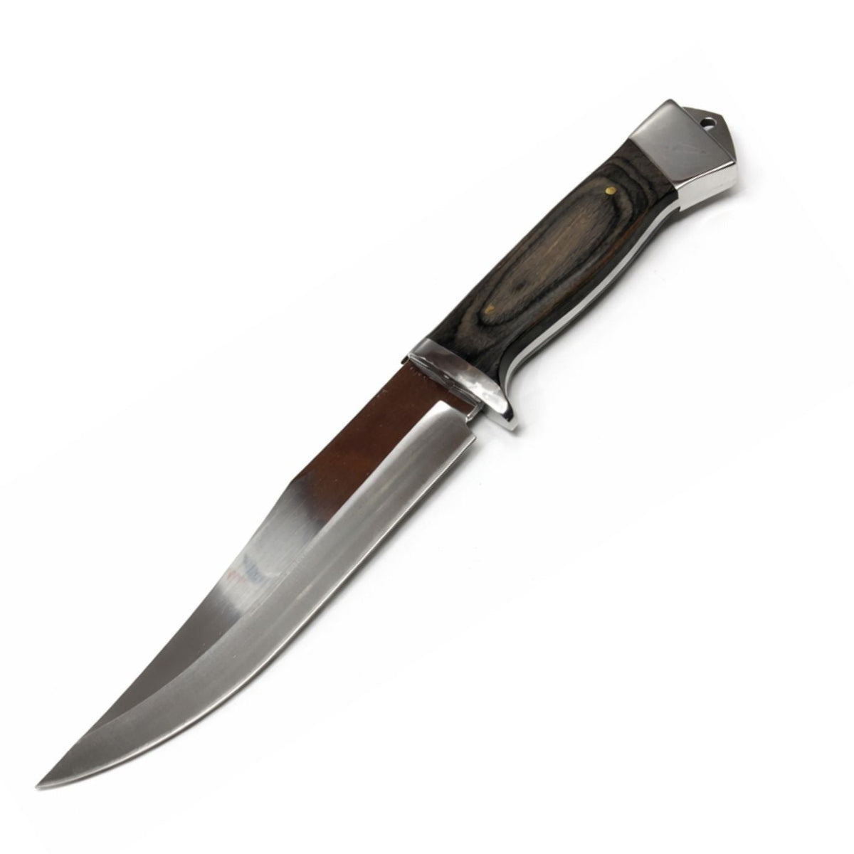 Cuchillo cazador de acero inoxidable con mango tipo madera y punta clip