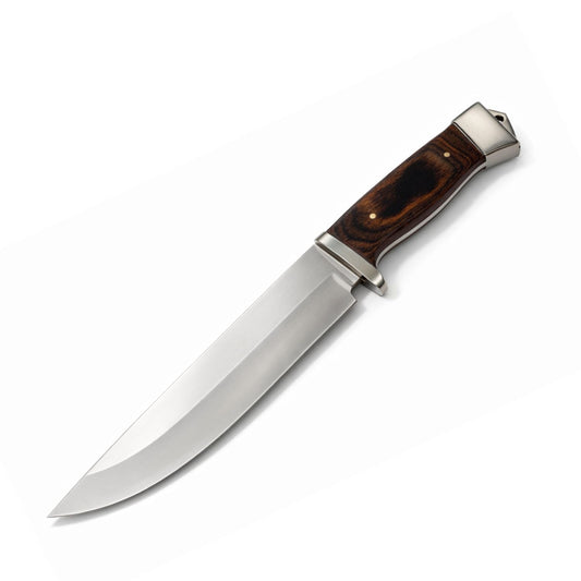 Cuchillo tipo Bowie de 33 cm con mango de madera, guardamanos y funda