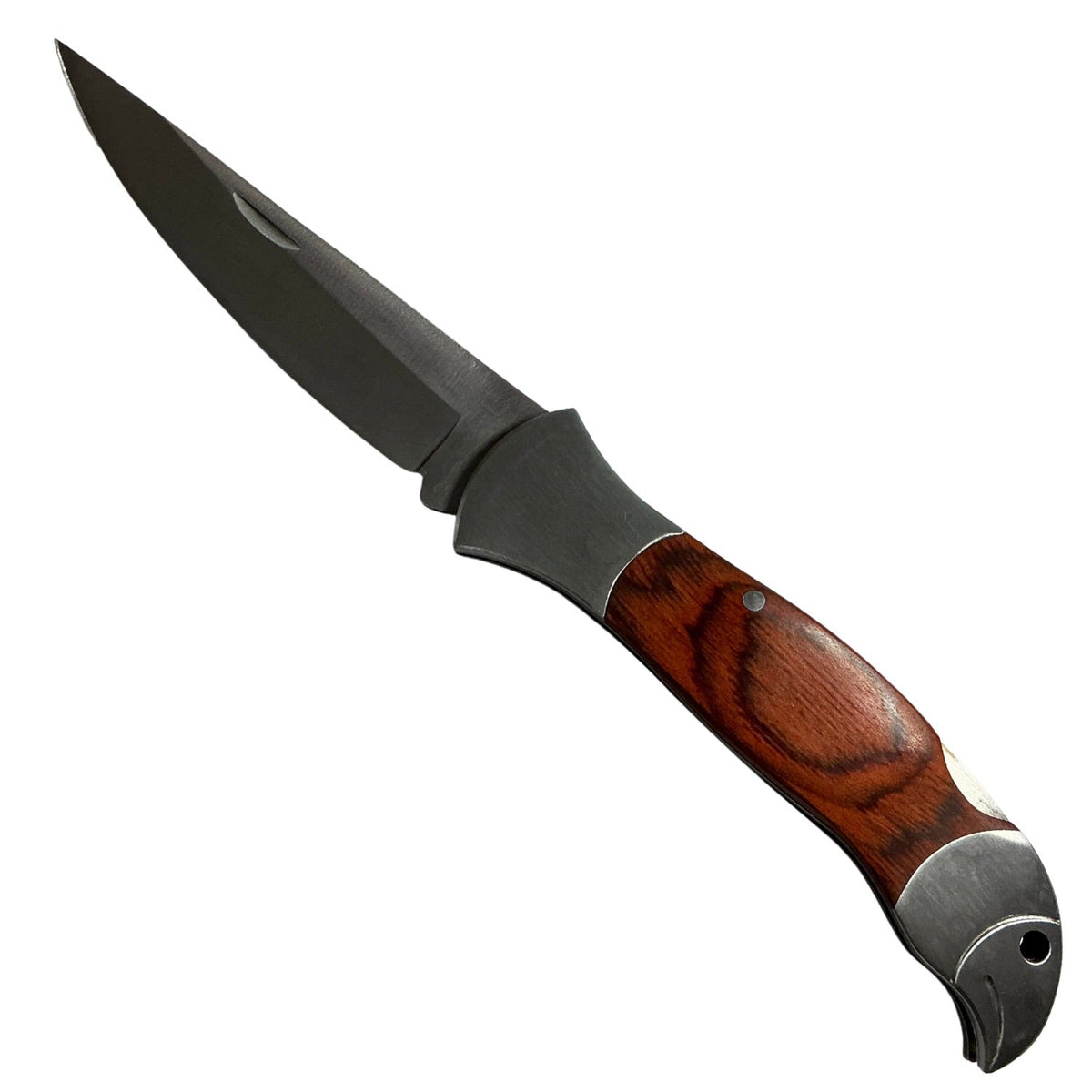 Navaja plegable con mango de madera y remate de águila, acero inoxidable