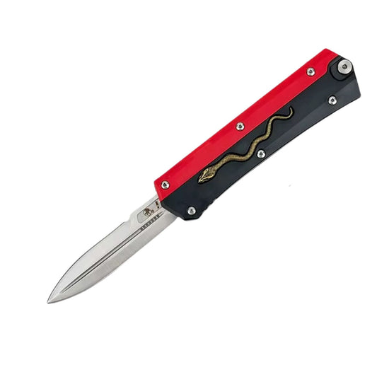 Navaja automática roja y negra con serpiente metálica y funda