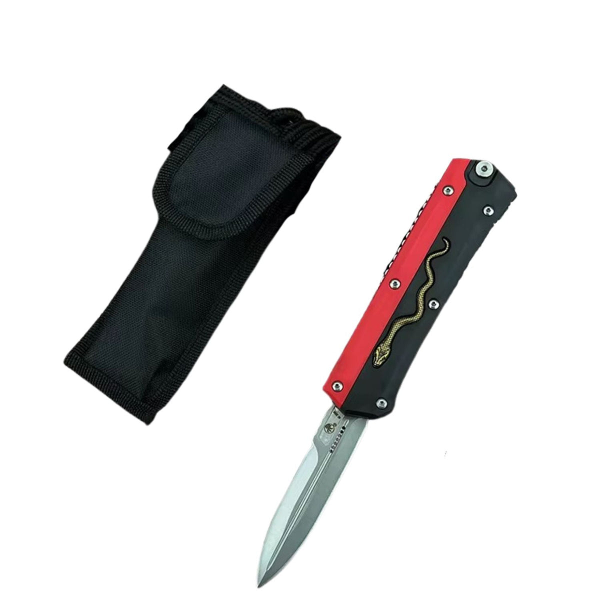 Navaja automática roja y negra con serpiente metálica y funda - foto 5