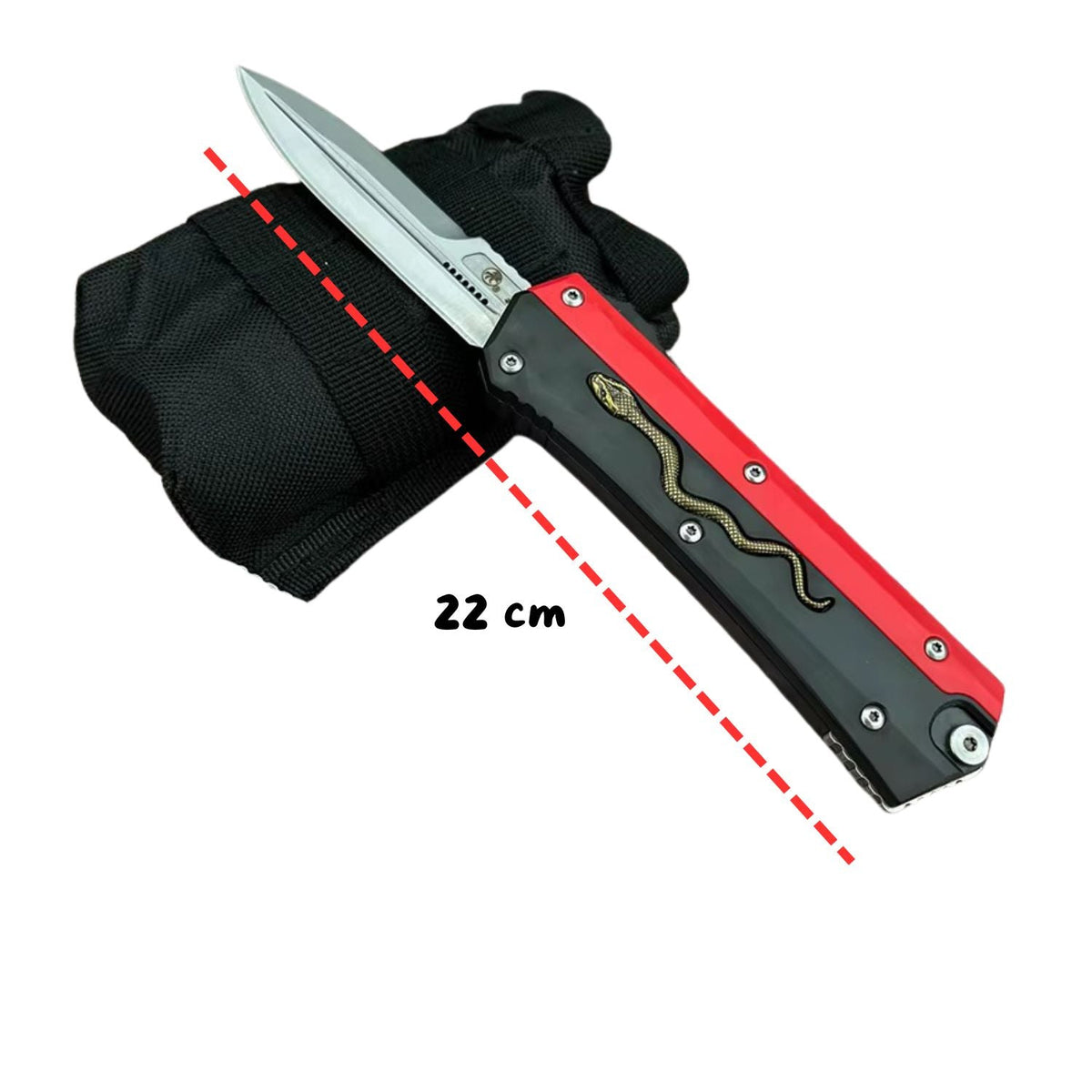 Navaja automática roja y negra con serpiente metálica y funda - foto 4