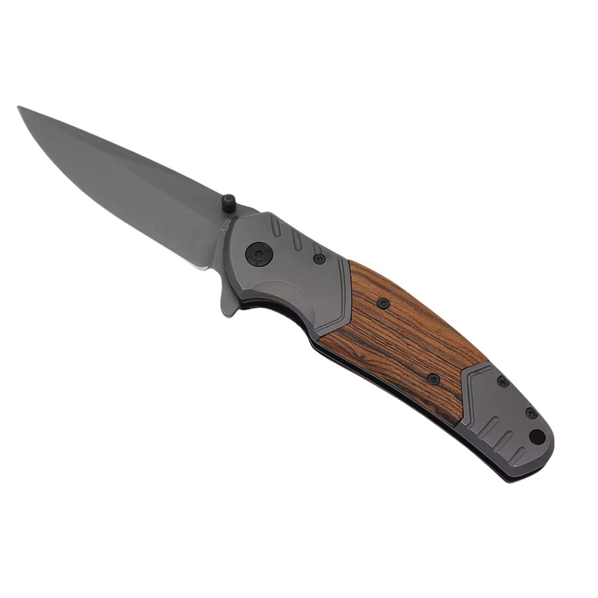 Navaja plegable drop point de 22 cm con mango de metal y madera natural