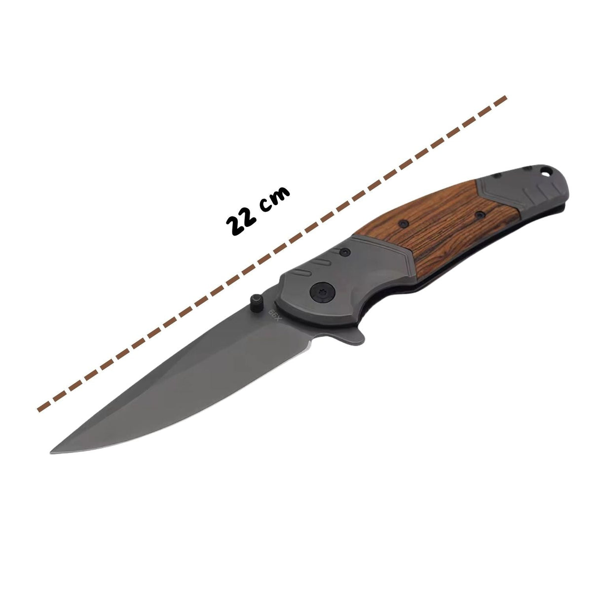 Navaja plegable drop point de 22 cm con mango de metal y madera natural - foto 2