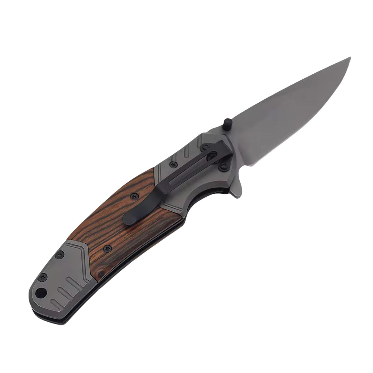 Navaja plegable drop point de 22 cm con mango de metal y madera natural - foto 3