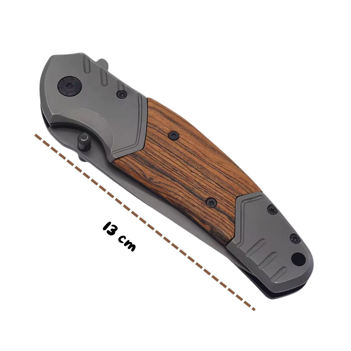 Navaja plegable drop point de 22 cm con mango de metal y madera natural - foto 4