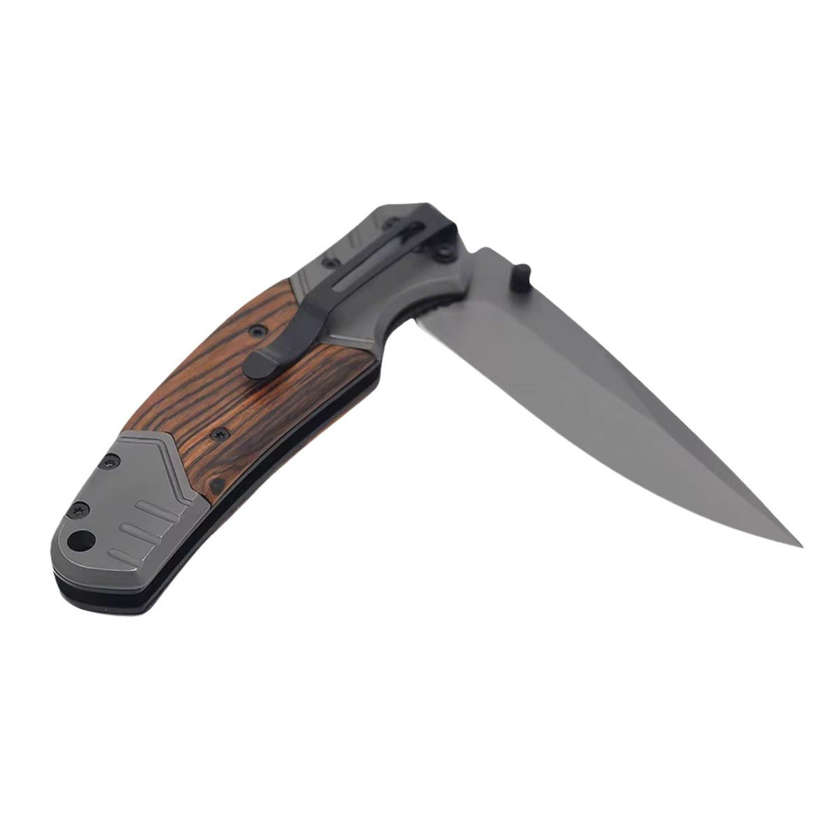 Navaja plegable drop point de 22 cm con mango de metal y madera natural - foto 5