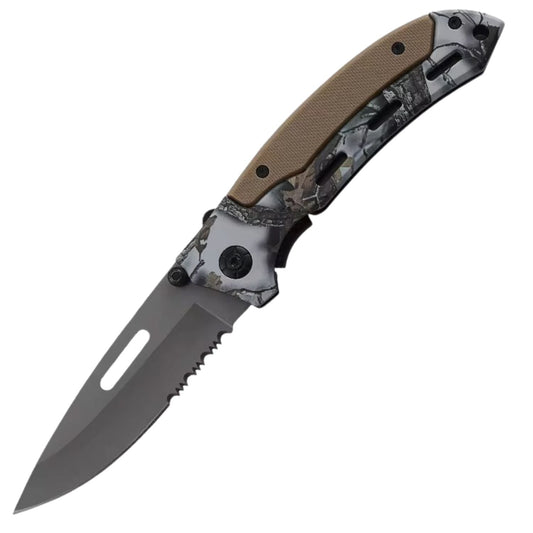 Navaja de caza con mango camuflaje y G10 tan, filo serrado y rompevidrios