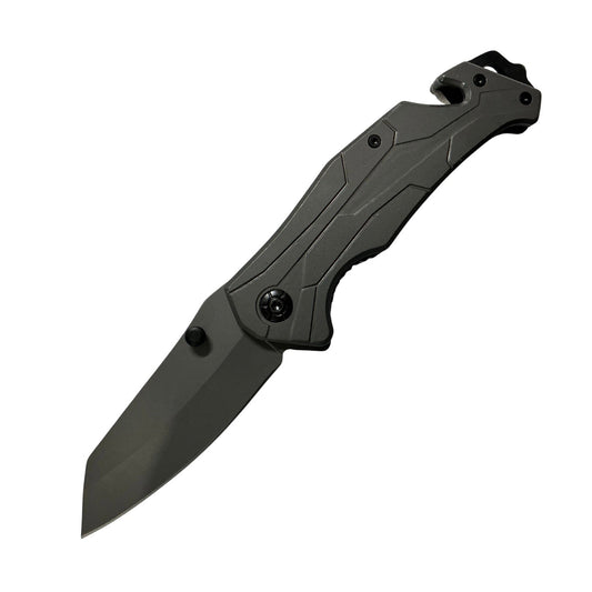 Navaja plegable con corta cinturón, rompevidrios y mango metálico, 20 cm