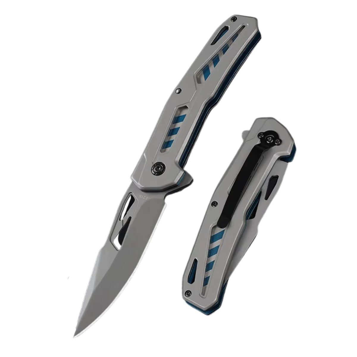 Navaja plegable EDC con clip y detalles azules, 22 cm abierta