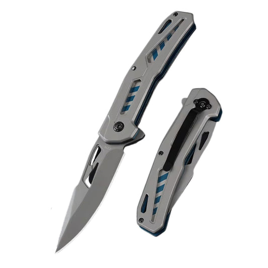 Navaja plegable EDC con clip y detalles azules, 22 cm abierta