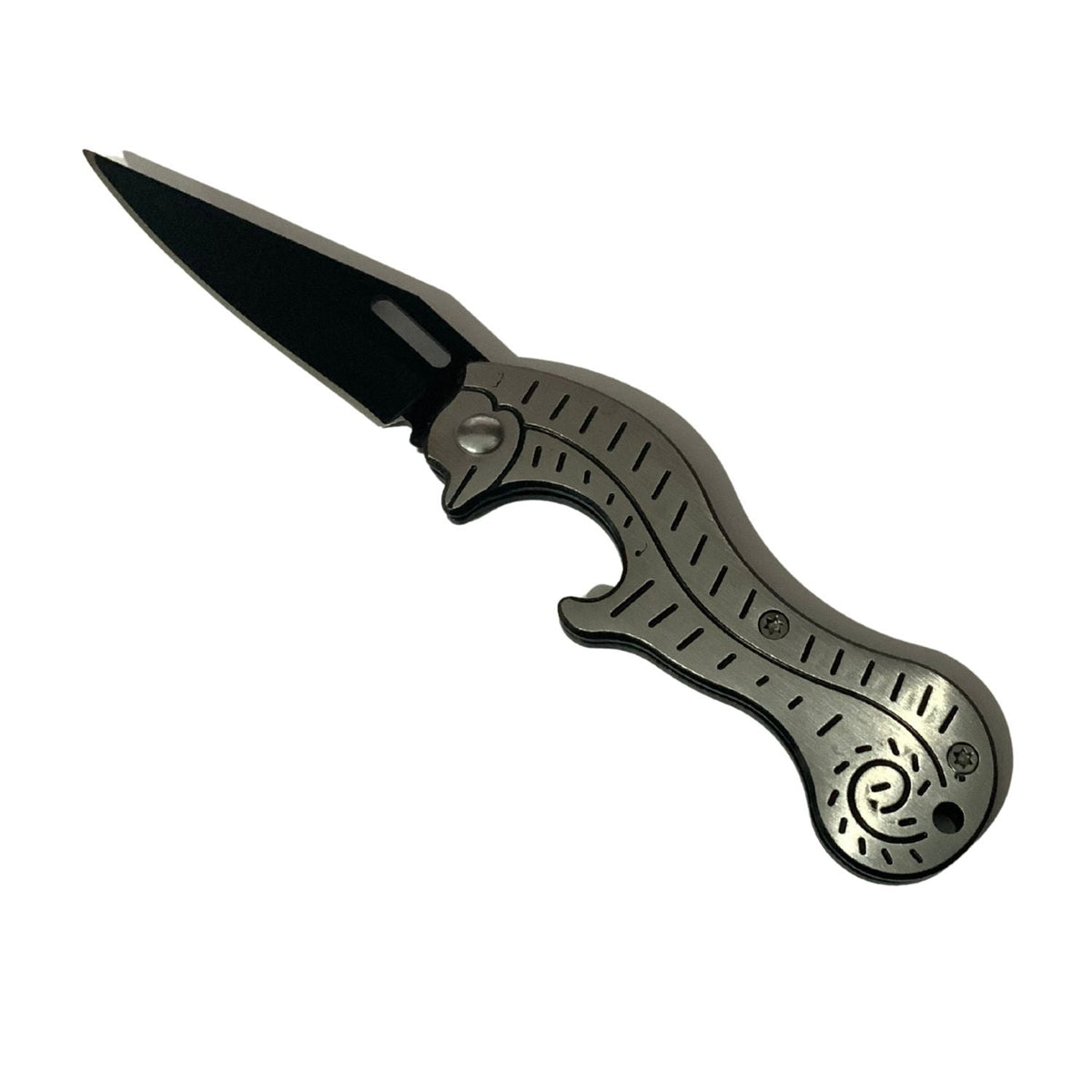 Navaja compacta con mango grabado y destapador integrado, hoja de 7 cm