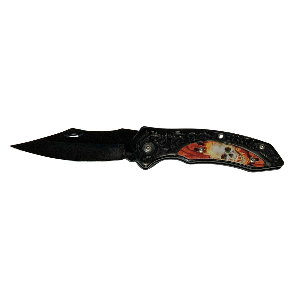 Navaja plegable con mango de calavera en relieve 3D y hoja negra