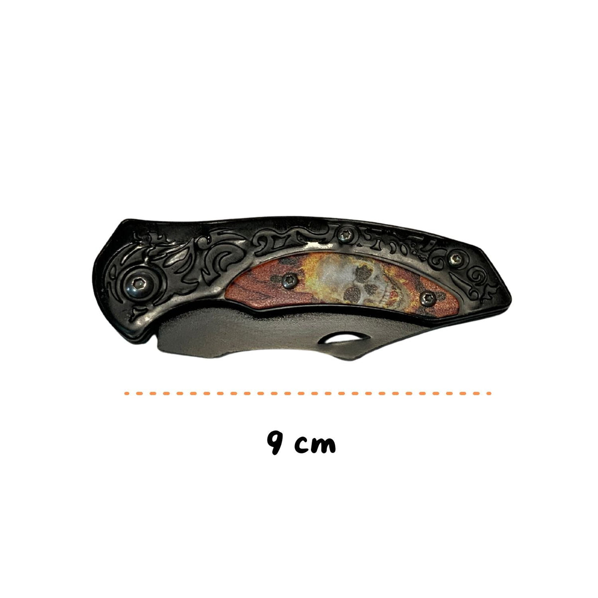 Navaja plegable con mango de calavera en relieve 3D y hoja negra - foto 4
