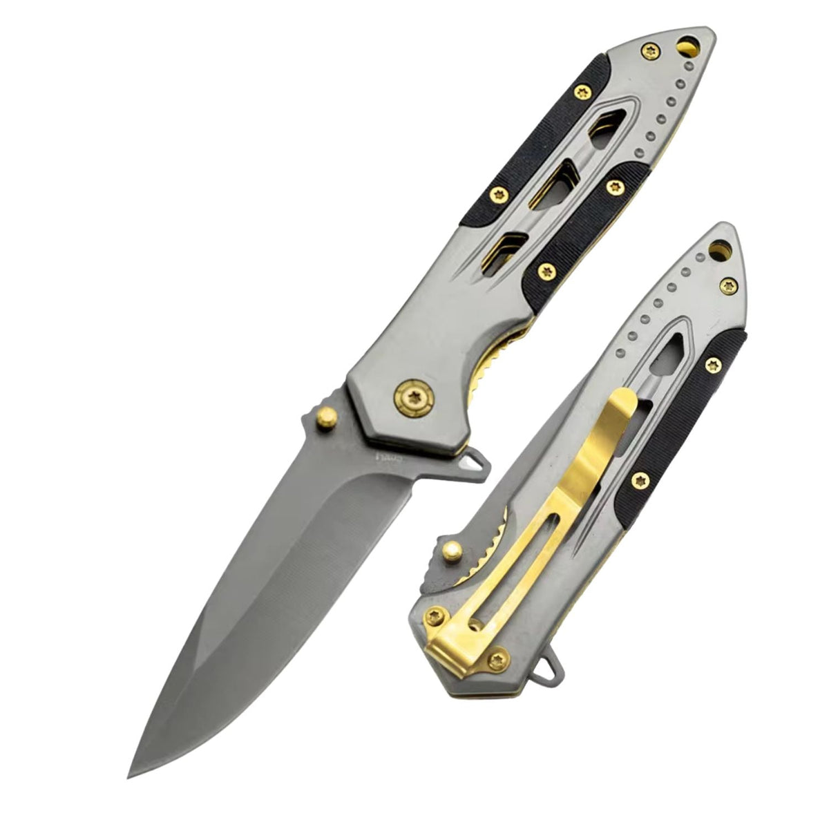 Navaja plegable de 20 cm con cuerpo metálico, detalles dorados y clip - foto 3