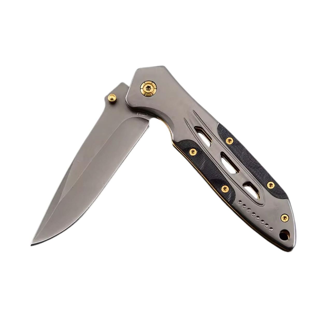 Navaja plegable de 20 cm con cuerpo metálico, detalles dorados y clip