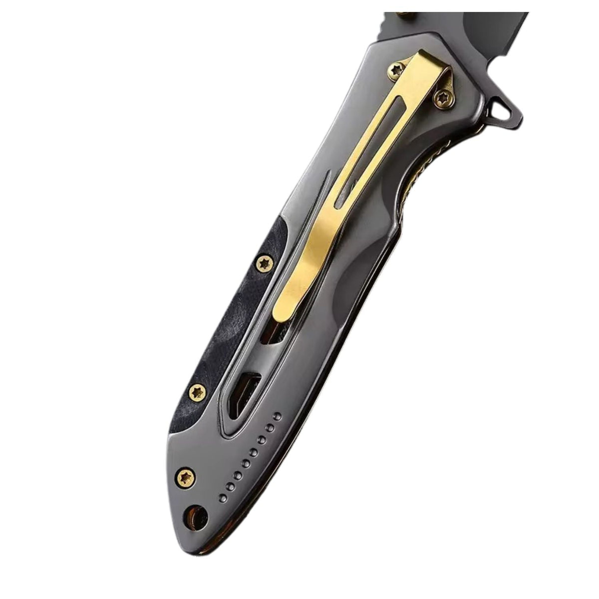 Navaja plegable de 20 cm con cuerpo metálico, detalles dorados y clip - foto 5